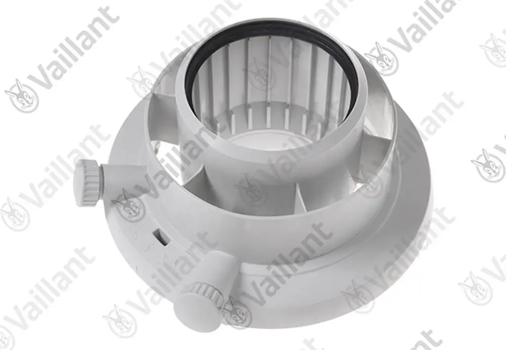 Vaillant Adapter mit einem runden Anschluss, zwei Einstellungsknöpfen und inneren Lamellen, geeignet für Rohrverbindungen im Heizungsbereich.